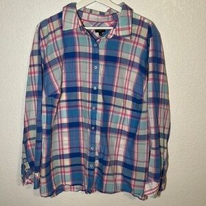 Talbots Spring Plaid Roll Tab Sleeves Top